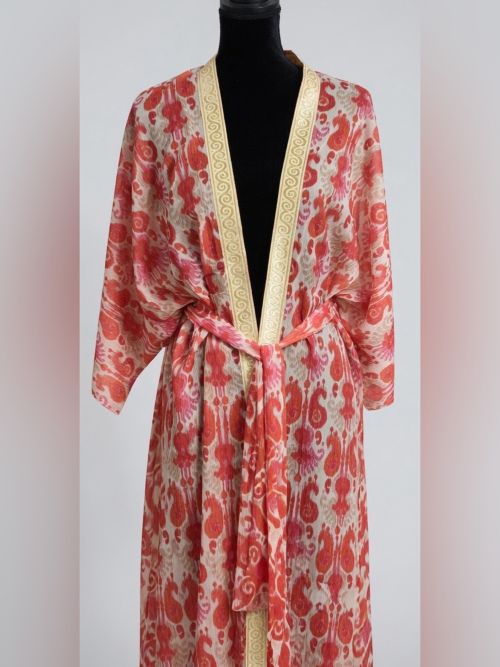 Suki So Goddess Kimono Pink Ikat Robe Caftan Gold Trim Boho One Size Semi Sheer